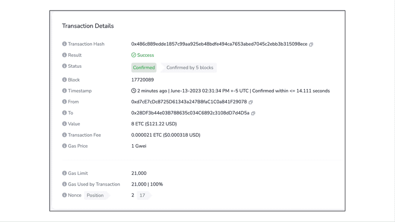 Transaction on a block explorer.